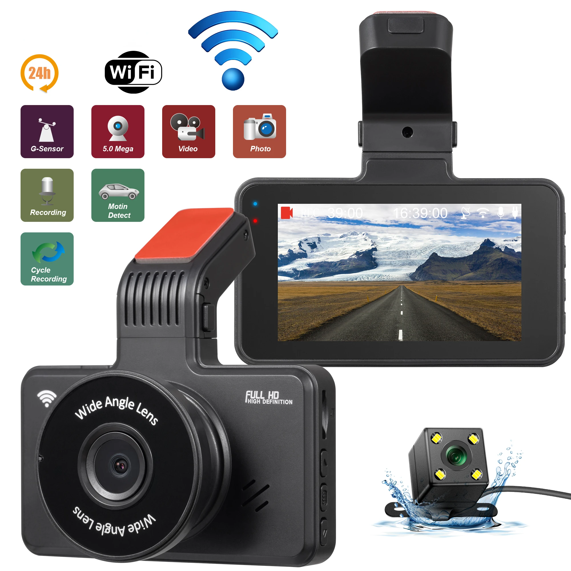 

1440P Dash Cam WIFI Car DVR Camera with G-Sensor Video Recorder Rear View Dual Lens HD Cycle 24H Dash Camera Recorder Black Box