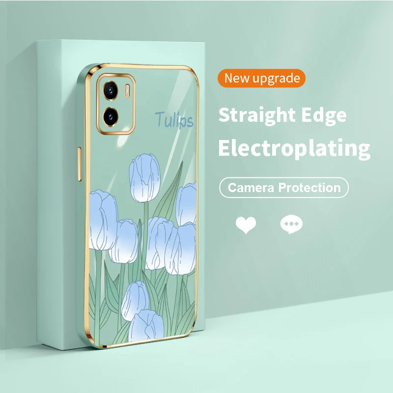 

Ultra Thin Plating Cover Case for vivo Y15A Y15S Y10 t1 Y01 Y17 Y15 Y19 Y12S Y20 Y20i U3 iQOO U5X Luxury Tulip Bush Phone Case