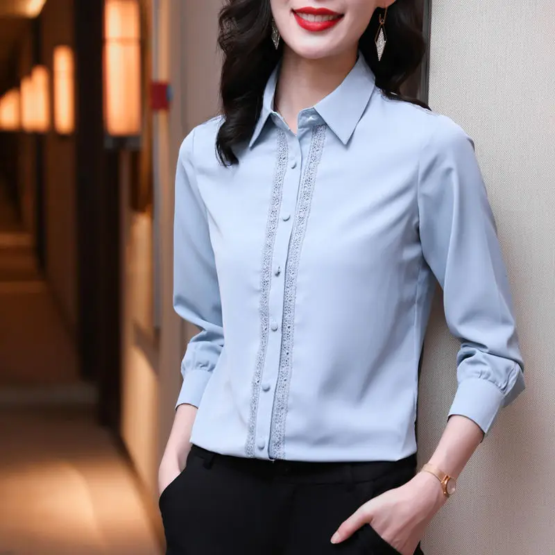 

Casual solid blouse chiffon shirt female spring and autumn 2022 design small top V-neck long sleeve high-end long sleeve shirt