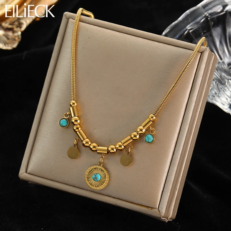 

EILIECK 316L Stainless Steel Gold Color Snake Chain Blue Stone Pendant Necklace For Women Luxury Design Neck Jewelry Party Gifts