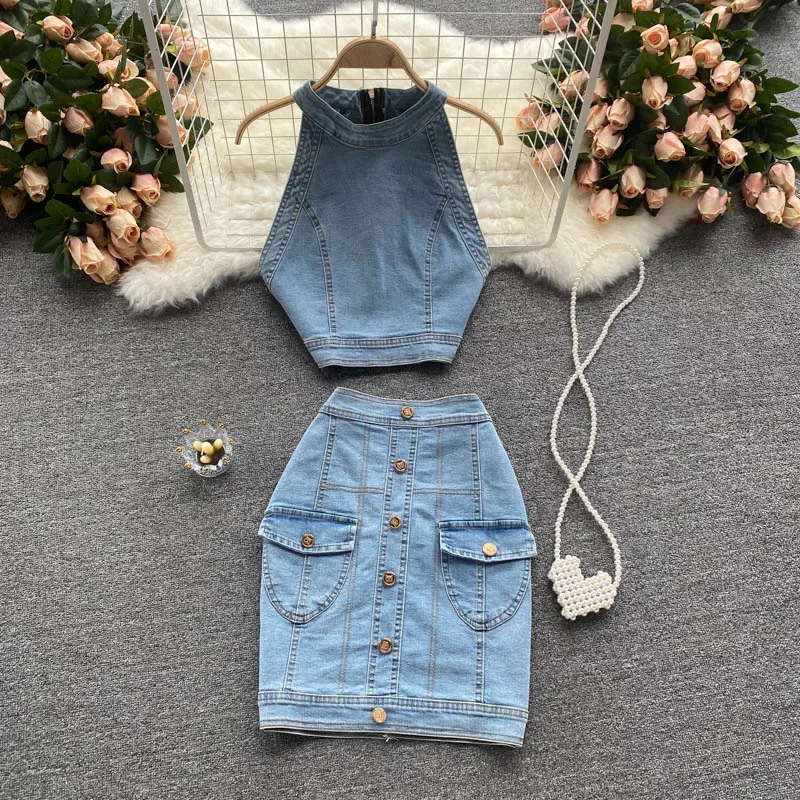

Women's summer suit heart machine hanging neck short top women's versatile high waist skirt two piece set