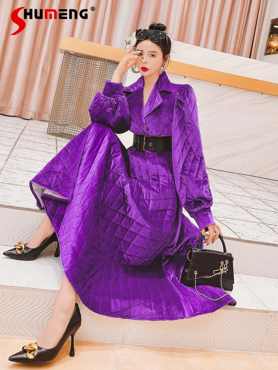 

French Long Sleeve Velvet Suit Collar Purple Midi Dresses 2022 Spring New Temperament Socialite Mid-Length Over Knee Dress Women
