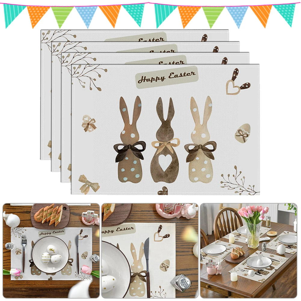 

4Pcs Easter Bunny Placemats Linen Dining Table Mats Washable Heat Resistant Tableware Pad Coffee Cup Mat Home Easter Decorations