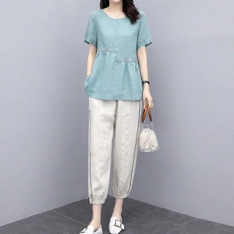 

Cotton and Hemp 2023 Summer Casual Set Women Korean Edition Covering Belly Show Slim and Foreign Linen Two Piece Set Of Female