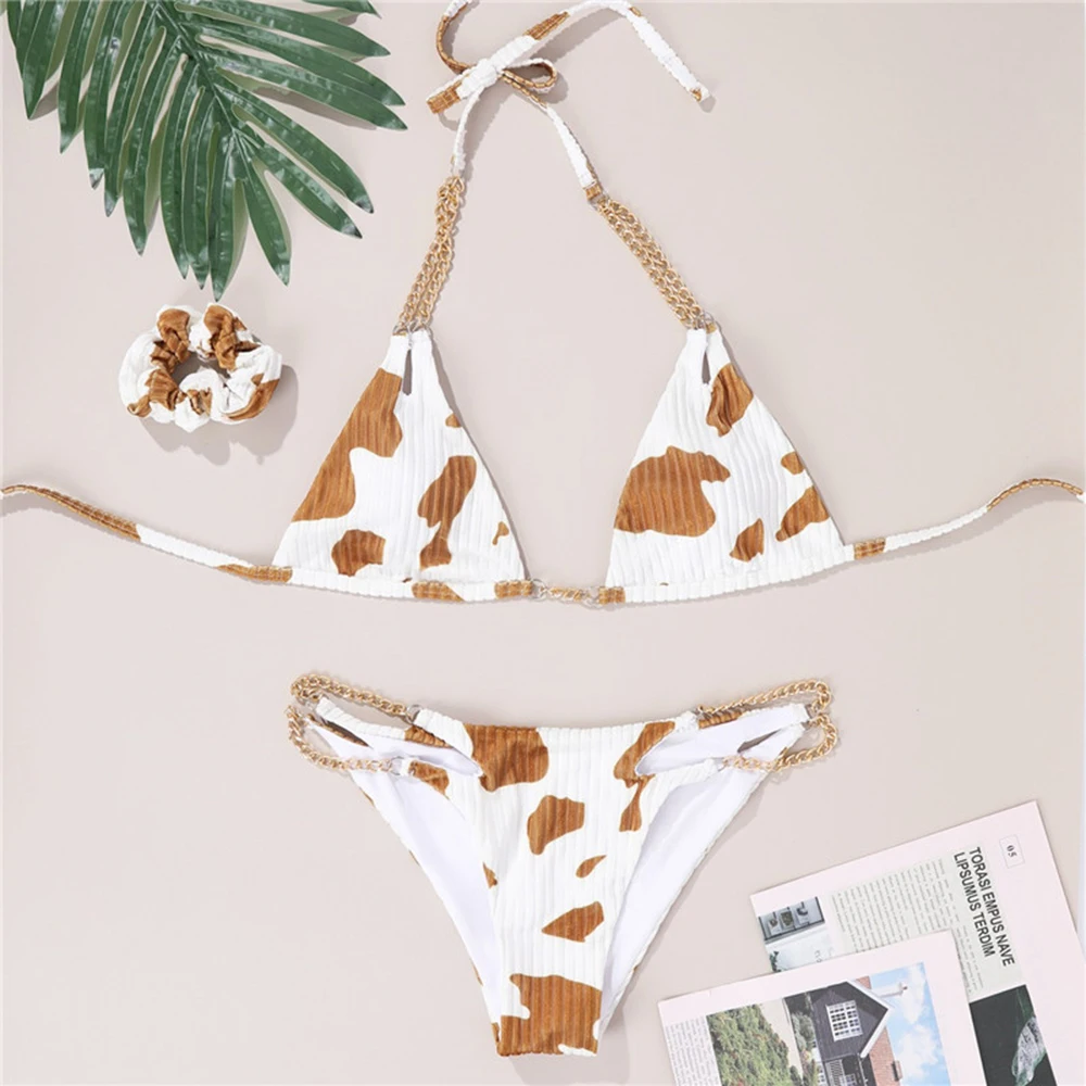 Sexy Bikini Swimsuit Women's Print Halter Chain Swimsuit 2023 Two-piece Bikini Suit Women's Summer Beachwear