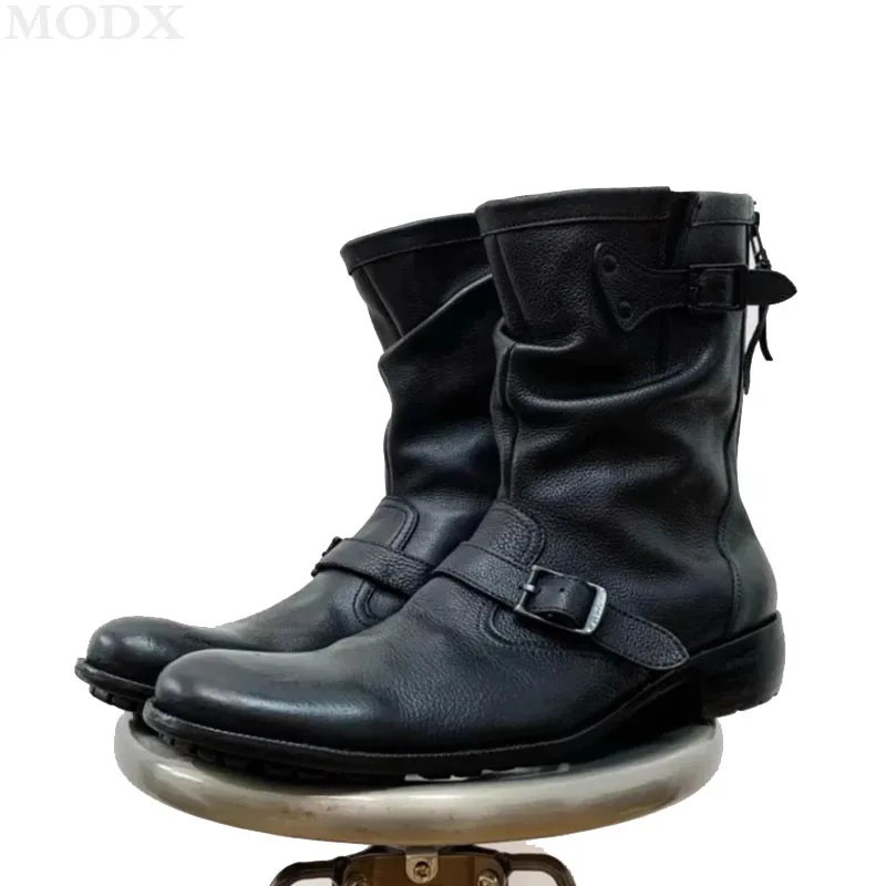 Японские винтажные ботинки из воловьей кожи черные рабочие до середины икры