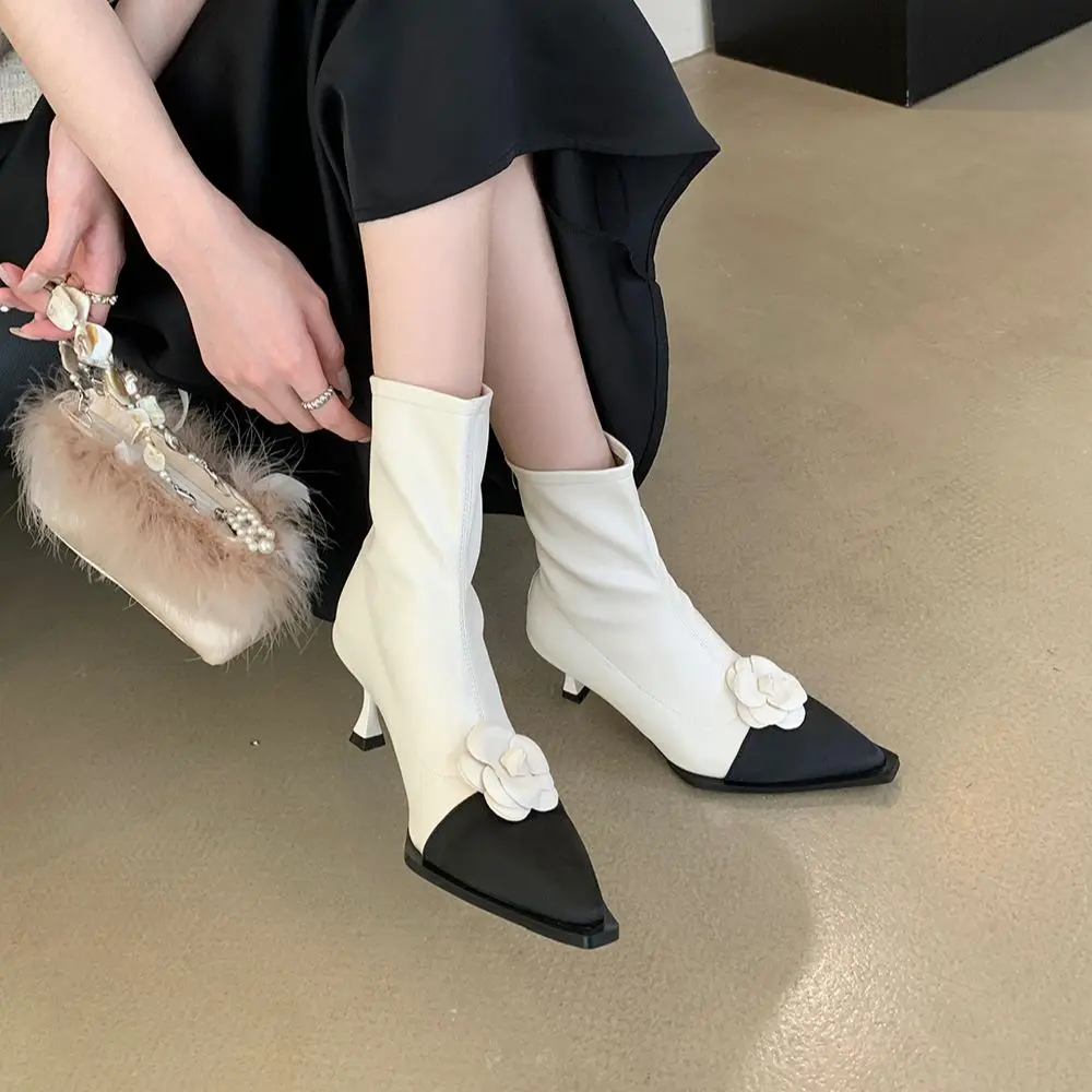 

Пикантные женские ботинки-носки с острым носком, черный, хаки, белый цветочный дизайн, тонкий высокий каблук, цветочный дизайн, задняя молния, фоторазмер 39