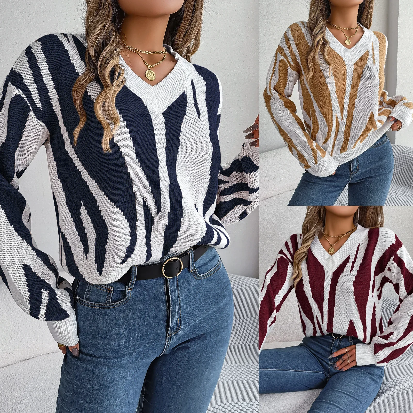 

Europe America Style Autumn Winter Casual Womens Knitted Sweater V-Neck Long Sleeves Pullover Women Acrylic Jumpers Sweaters