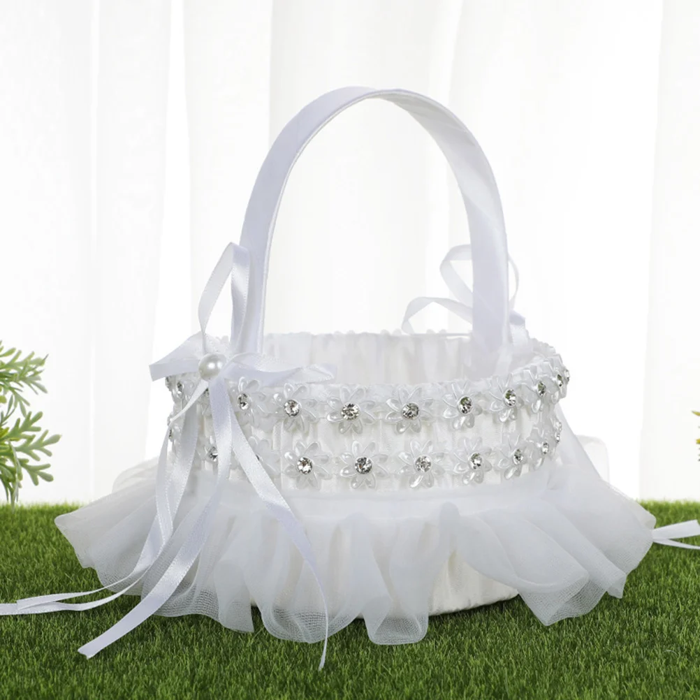 

Lace Bride Basket Petals Holder Flower Girl Baskets Photo Props Party Supplies for Wedding Ceremony (White)