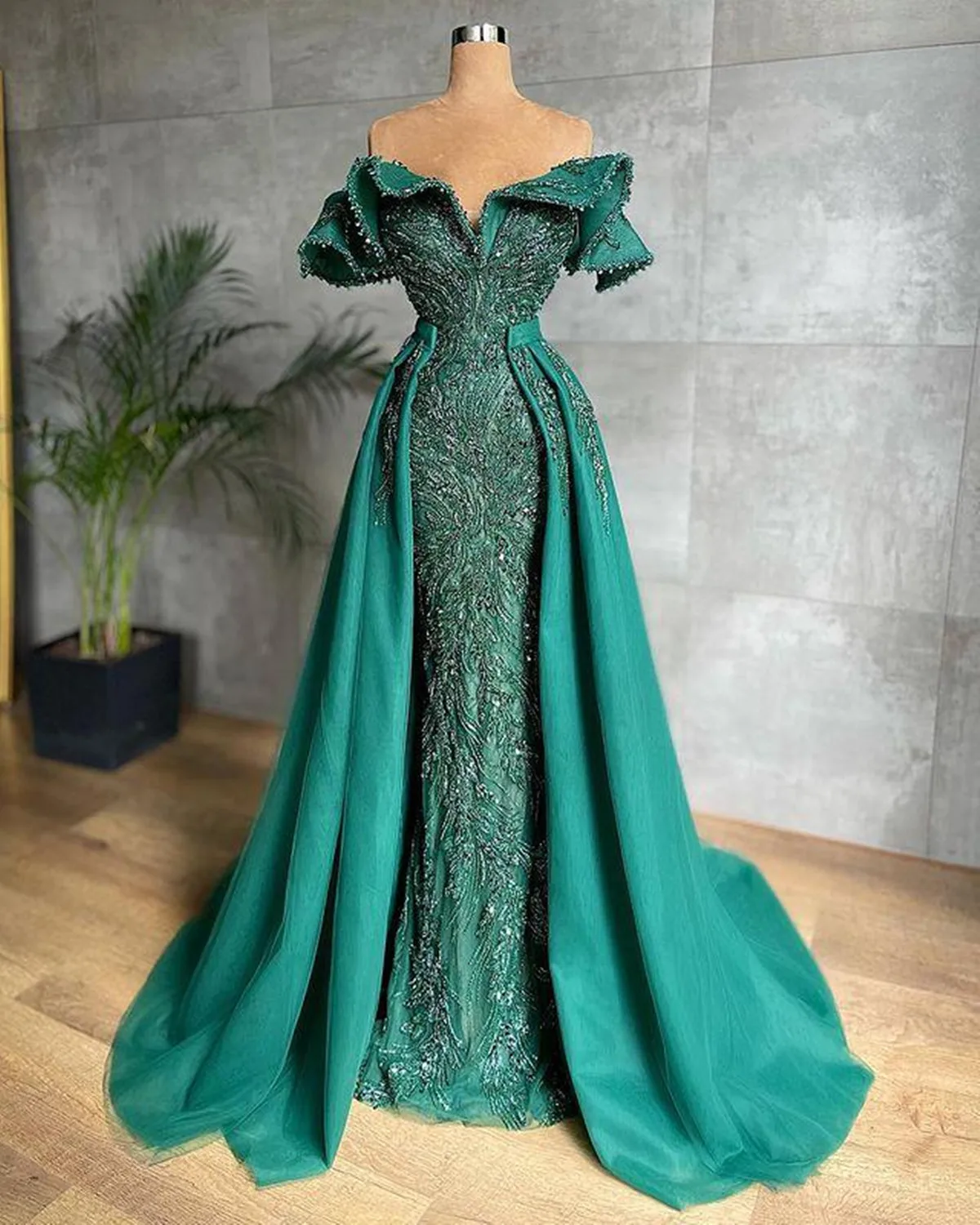 

Green Mermaid Evening Dress Lace Beading Sexy Off Shoulder Prom Dress Formal Luxury Detachable Train Party Gown