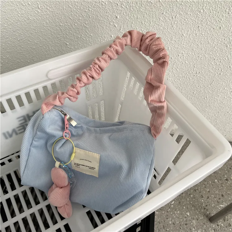 

High value girl heart corduroy handbag cute contrast color storage bag carry on large capacity cosmetic pencil bag female