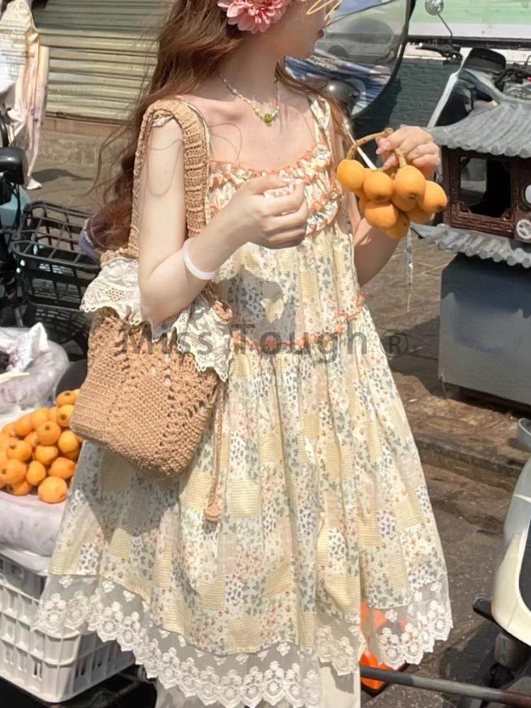 Летние цветочные корейские милые платья для женщин ТРАПЕЦИЕВИДНОЕ кружевное