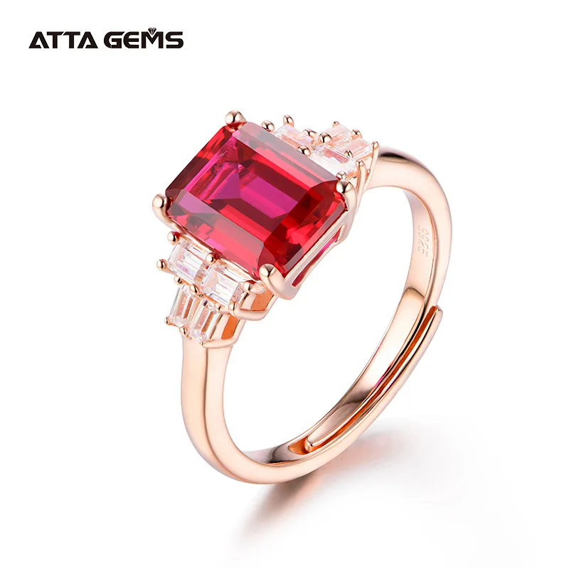 

ATTAGEMS S925 silver 18K rose gold Ruby ring small octagon 8 * 6 mm inlaid 0.5CT small diamond femininity jewelry simple jewelry