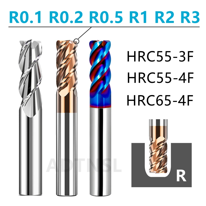 

HRC55 65 Corner Radius End Milling Cutter R0.1 R0.2 R0.5 R1 R2 R3 Carbide R Bullnose Mill CNC Tool 3 4 Flute For Steel Aluminum