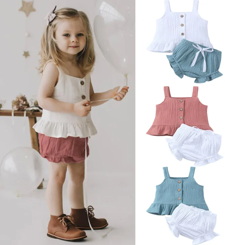 

2 шт., Повседневный хлопковый комплект из топа и шортов для девочек