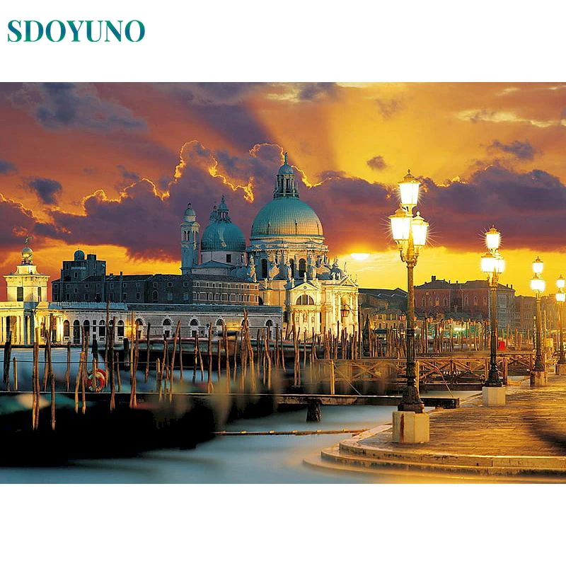 

SDOYUNO Oil Painting By Number Sunset Cityscape Photo Creative Diy Kits Drawing Canvas Picture Family Wall Art Decor DIY Gift