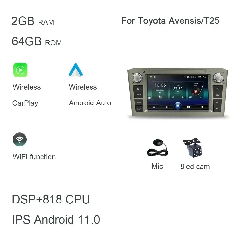 

DSP CarPlay 7 дюймов Android 14.0 Автомобильный плеер 8 ГБ 128G мультимедийный автомобильный радиоприемник GPS WiFi для TOYOTA AVENSIS T25 2002-2005 2006 2007 2008