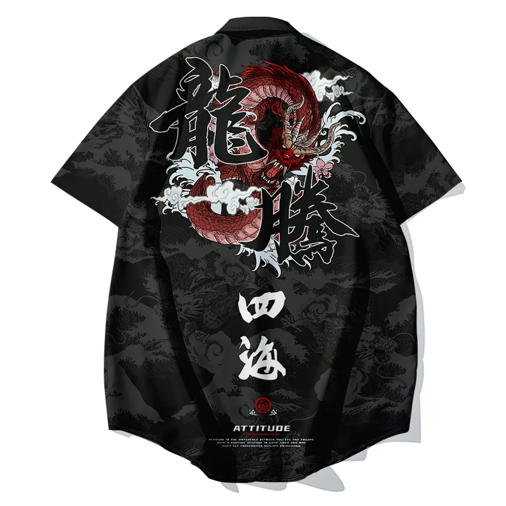 Summer Men's Shirt Short Sleeve Harajuku Dragon Tiger Print Shirt Fashion Blouse Oversized Clothing Casual Black Top Hip Hop Tee images - 6