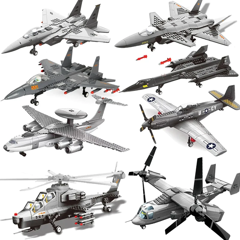 

Military Series Building Blocks World War II SR-71 Aircraft Eagle Fighter J-20 Stealth Plane Osprey Helicopter Model Kids Toys