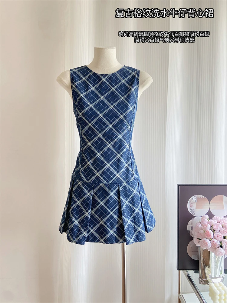 

Summer Denim Sleeveless Plaid Pleated Mini Dresses For Women 2023 O-Neck Korean Fashion Party Frocks One-Piece Office Lady New