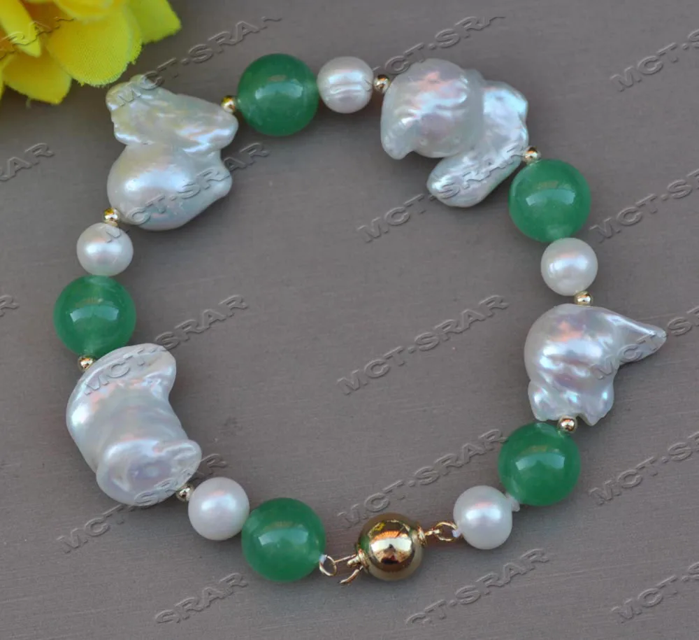 

Z11574 8" 22mm White Baroque KESHI Reborn Pearl Green Jade Bracelet