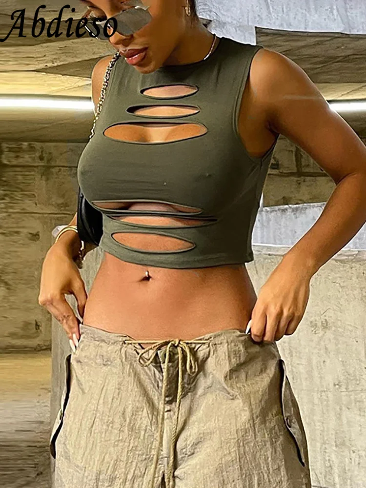 

Женский летний укороченный топ Abdieso Y2K с вырезами, уличная одежда без рукавов 2022, зеленый топ с круглым вырезом и открытыми плечами, модные ма...