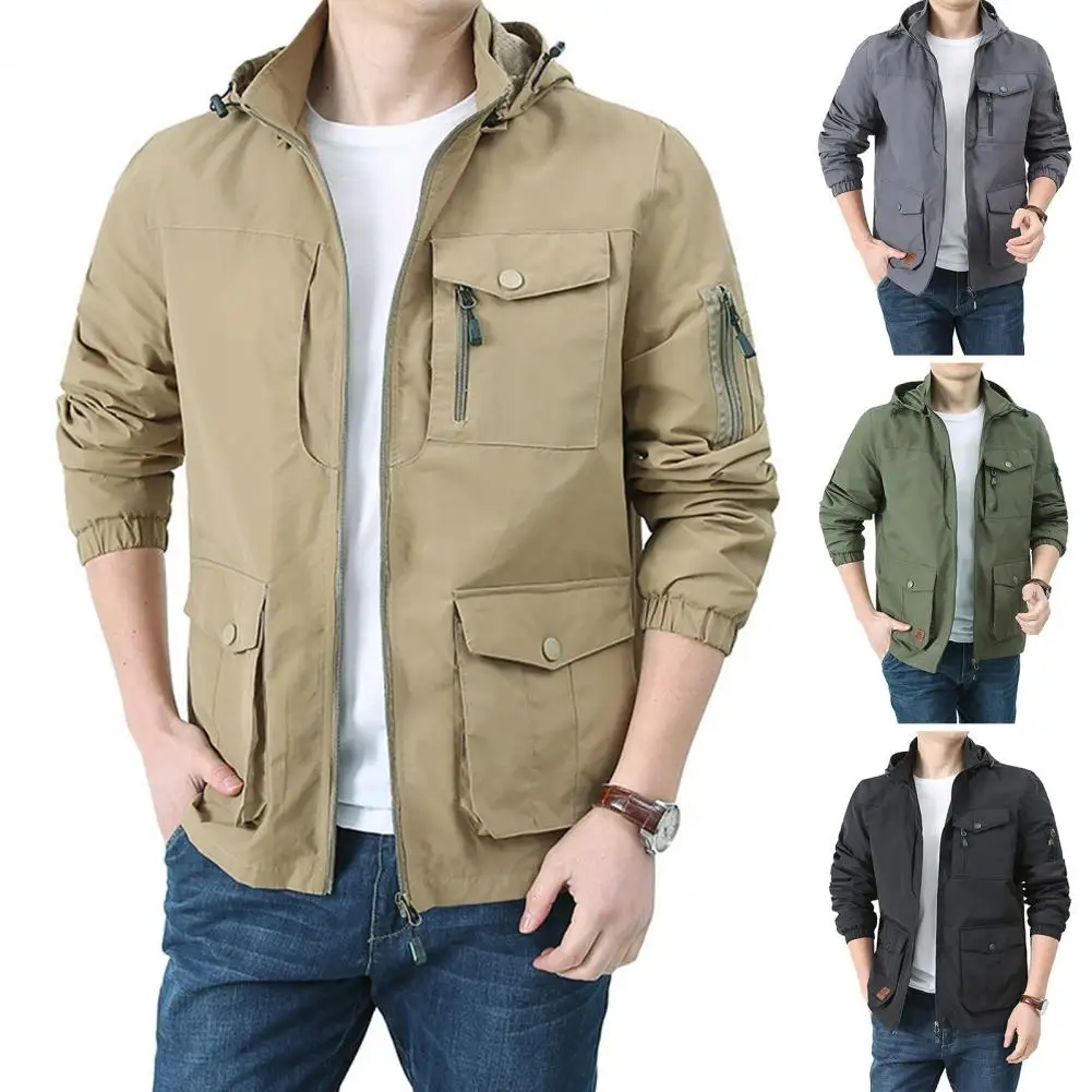 

Куртка-карго Мужская однотонная, уличная одежда из денима, на молнии, с несколькими карманами, с капюшоном, свободная верхняя одежда в стиле милитари