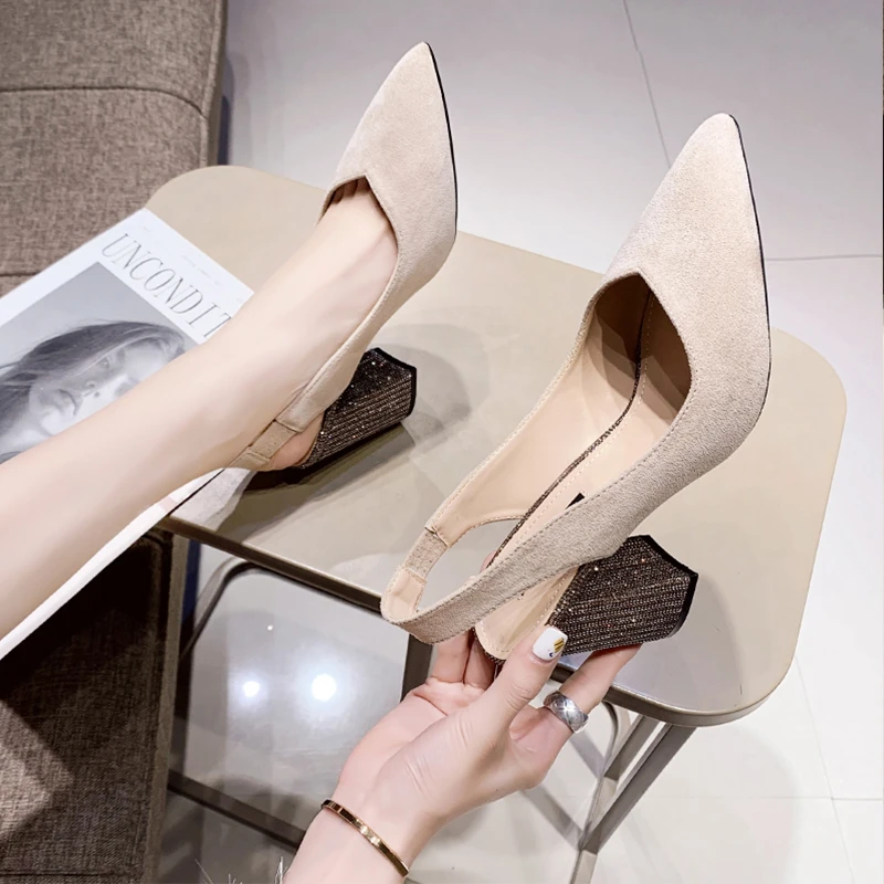 A10 Summer Women's Pointed Solid Back Strap Simple Leather Temperament Comfortable Shallow Mouth High Heel Banquet Shoes