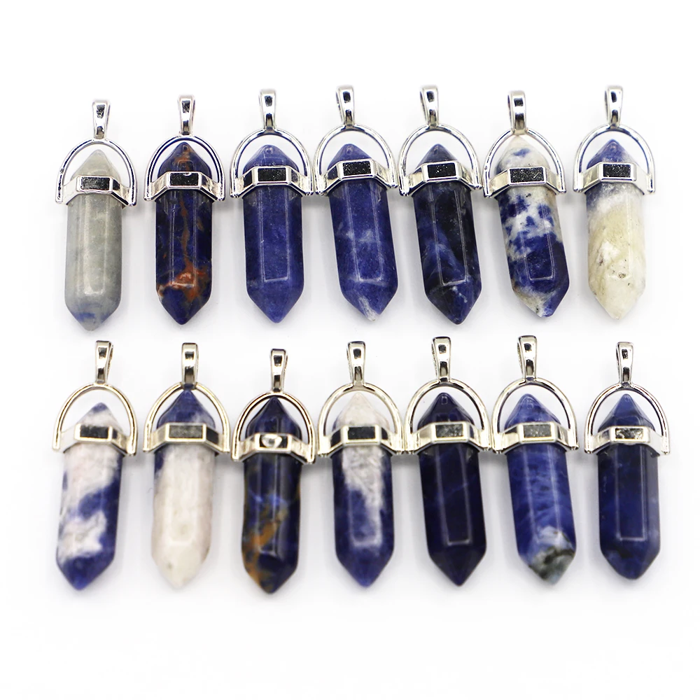 

Hot Sale Featured Natural Stone Blue Sodalite Pillar Point Fashion Pendants Column Hexagonal Necklace Accessories Making 25Pcs