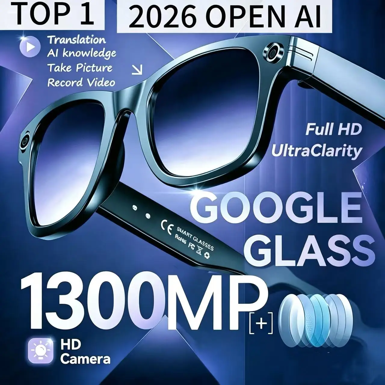 Фото for meta Умные очки Meta 2026 TOP 1 с ИИ, 8-мегапиксельной камерой, записью видео, переводом на 100+ языков, Bluetooth-звонками и воспроизведением музыки №1