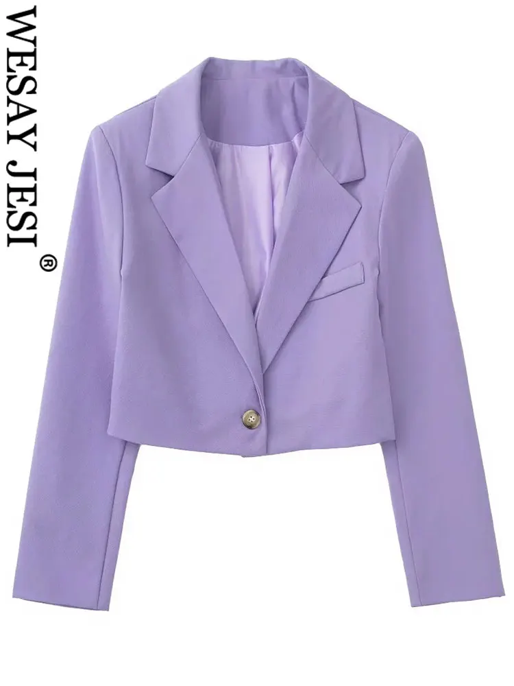 

WESAY JESI однотонный фиолетовый Женский блейзер с длинным рукавом воротник на одной пуговице короткий приталенный пиджак темпераментная модн...