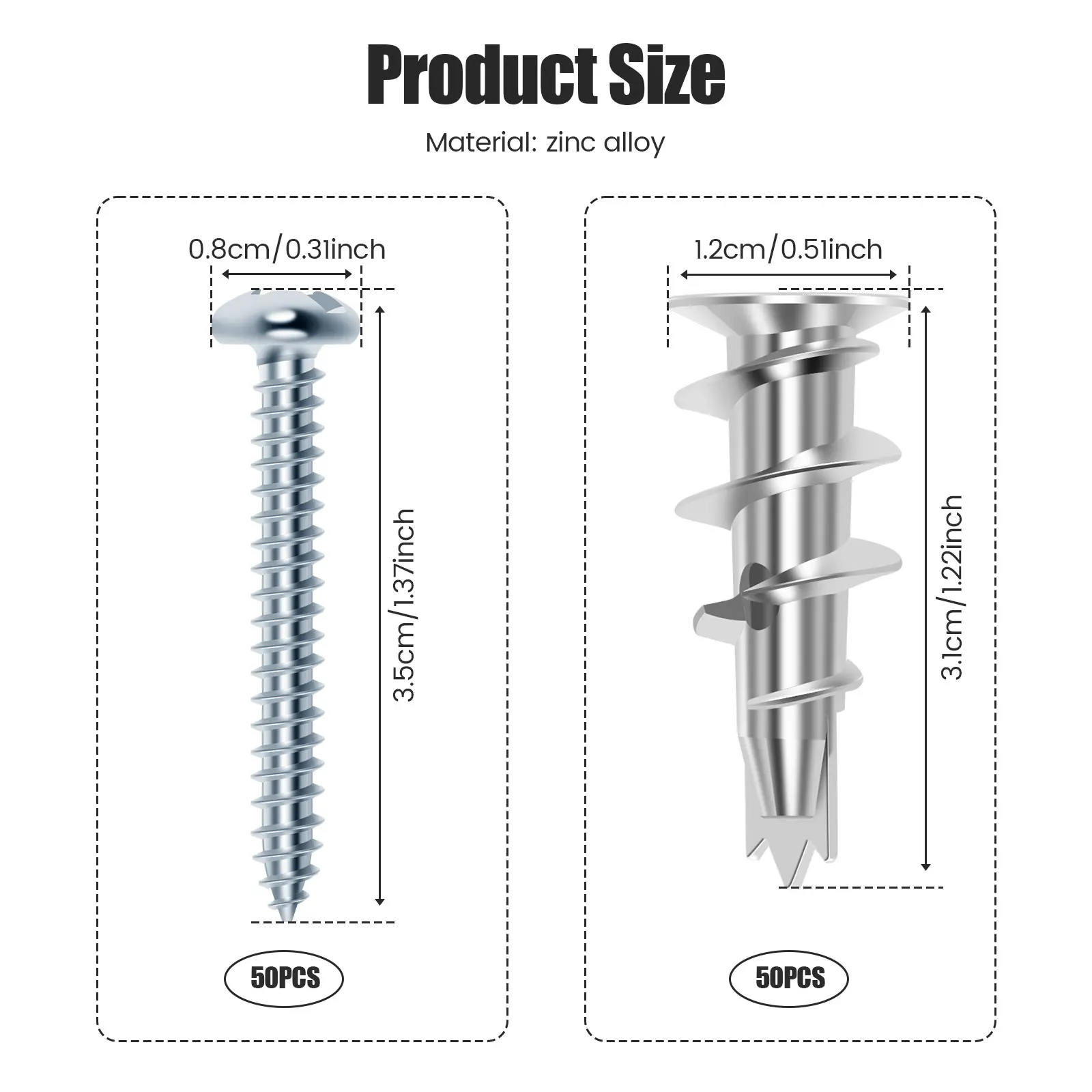 50 шт. Анкеры для полых стен гипсокартона из цинкового металла с винтами Несущая