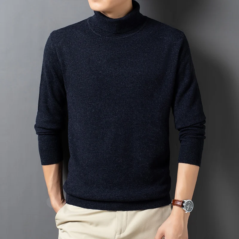 

High Collar Woolen Sweater Men's 100 Pure Wool Autumn Thin Pure Color All-Matching Pullover Solid Color Sweater Sweater