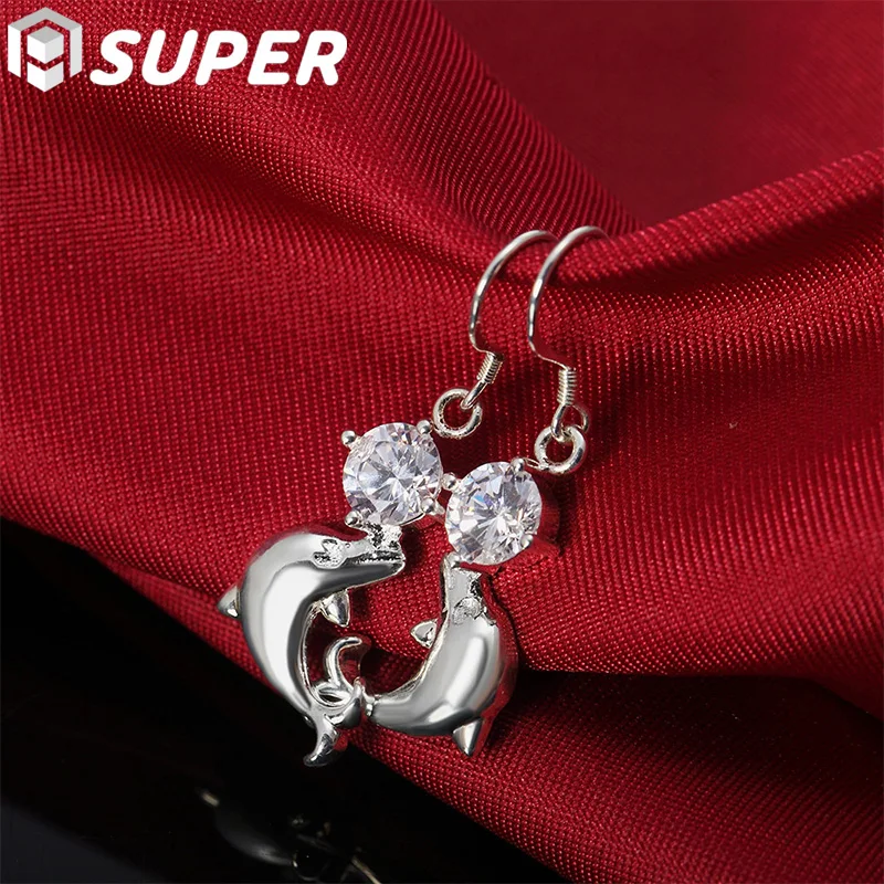 

925 Sterling Silver Dolphin AAA Zircon Drop Earrings For Women Engagement Wedding Birthday Gift Fashion Jewelry