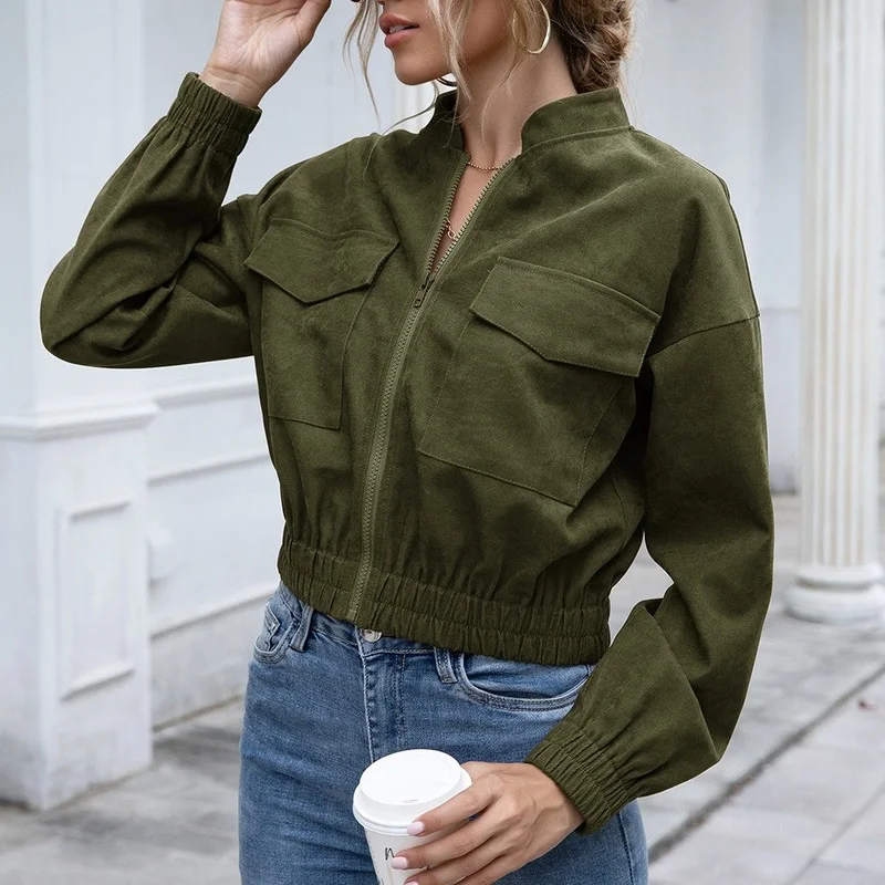 

Women's Jacket Long-sleeved Jacket Pocket Female Fashion Casual Yellow Short Jacket Wu Haobo 5 Colors Spring and Autumn Clothes
