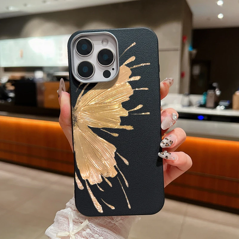 Чехол с позолоченной бабочкой для iPhone 16 Pro Max роскошный кожаный чехол текстурой