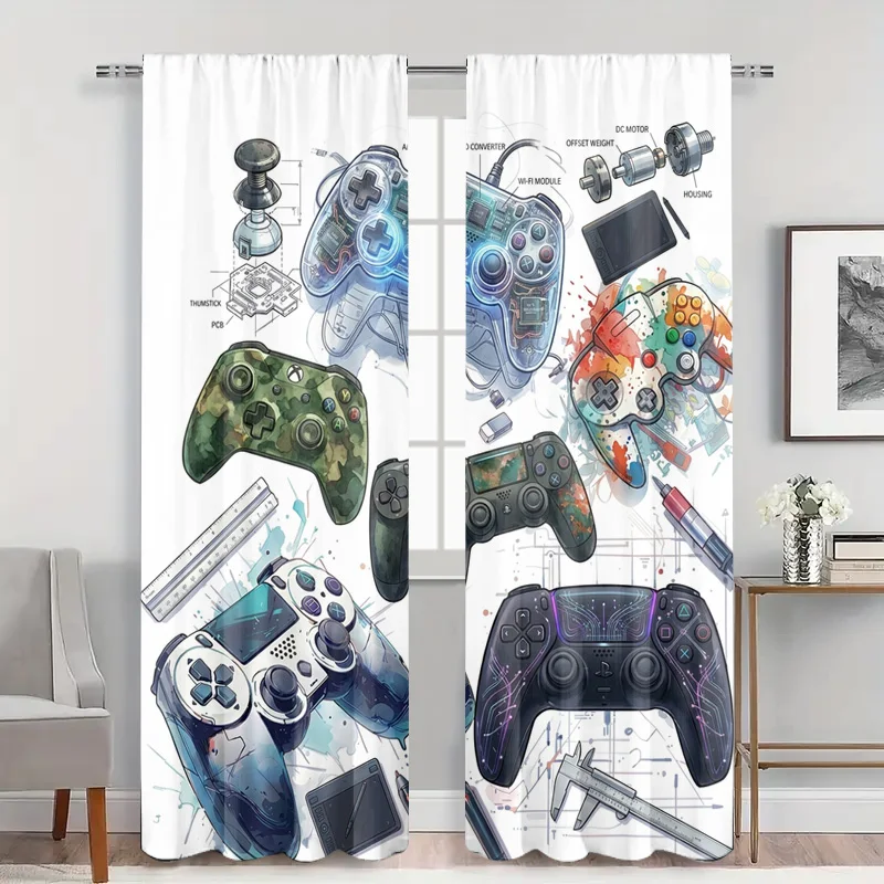 Фото Декоративные шторы для игровой комнаты с схемой контроллера Blueprint Game Controller, поп-арт для гиков, оконные занавески с платой PCB, техно-декор для стримеров №3