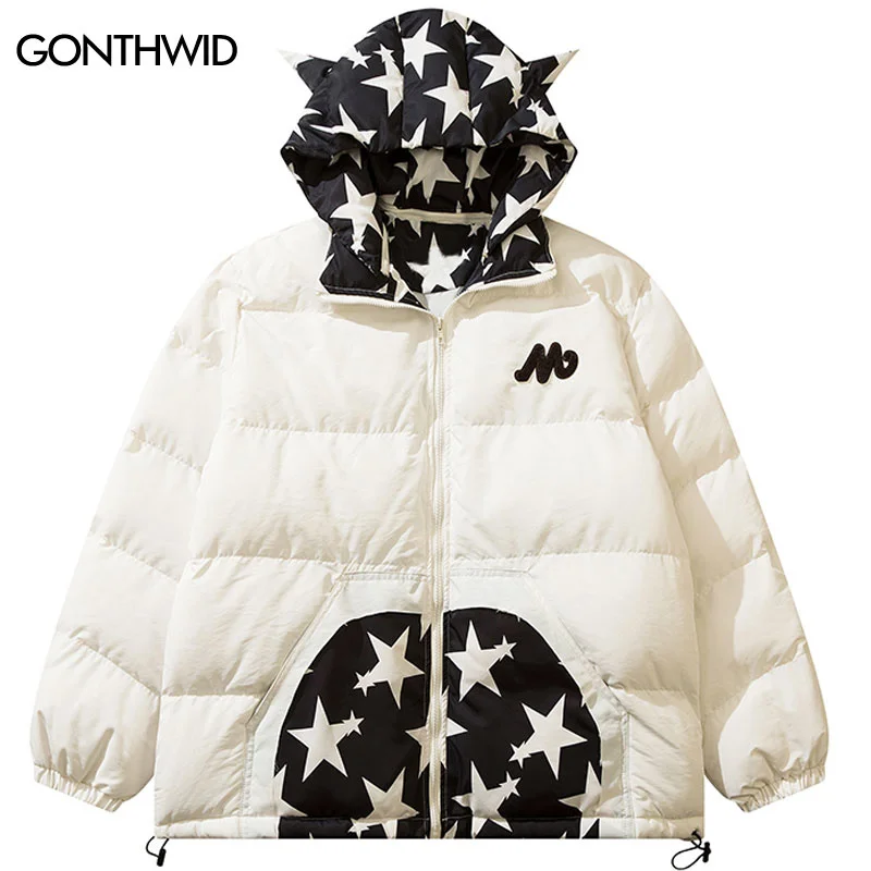 

Hip Hop Removable Hooded Parkas Jacket Streetwear Color Block Patchwork Devil Horns Thick Warm Bubble Coats Mens Fashion Outwear