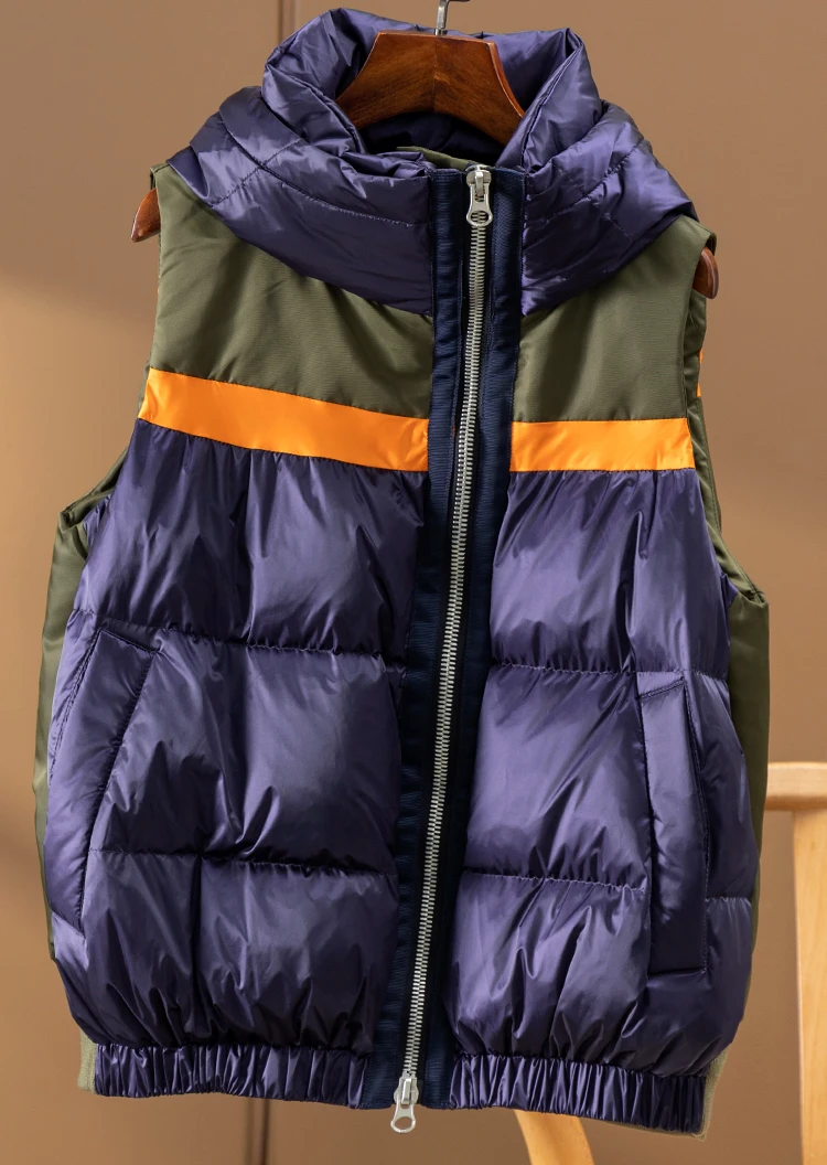 Hooded Vest Women High Quality Casaco Feminino  90% White Duck Down  Streetwear  Autumn/Winter  Zipper Thin Sleeveless  Spliced
