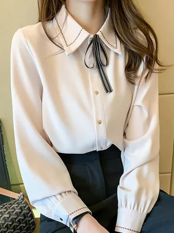 Корейская модная рубашка на пуговицах с лацканами, женская одежда, новинка весны 2022, Офисная Женская Повседневная однотонная блузка с длинным рукавом для работы