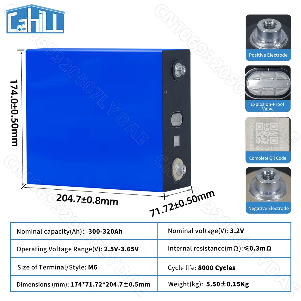 Класс A 8000+ Цикл 320Ah Lifepo4 Элементы 3.2V Фосфат железа лития аккумуляторная батарея