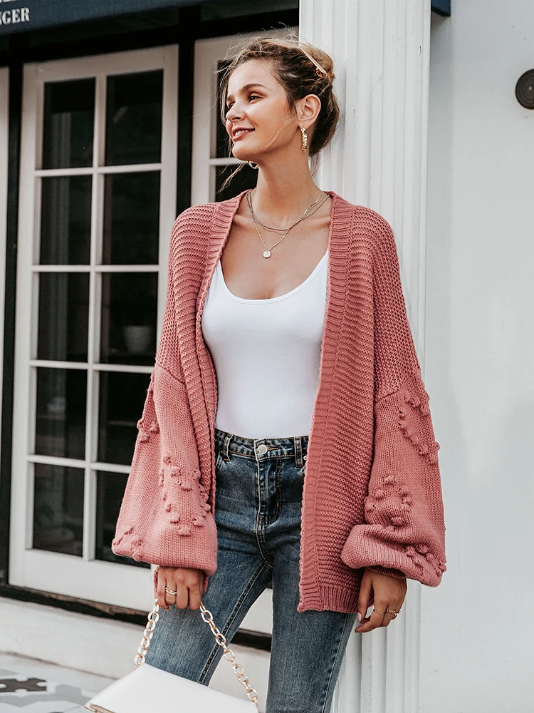 

Simplee Loose women knitted cardigans Oversized lantern sleeve heart crochet jumper Autumn winter female knitting cardigan coats