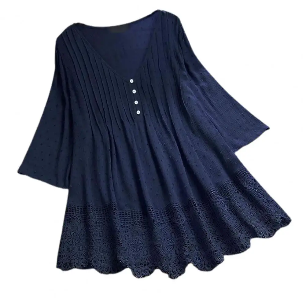 

Рубашка женская однотонная с кружевным подолом, элегантная жаккардовая Повседневная блузка свободного кроя с мягкой текстурой, уличная од...