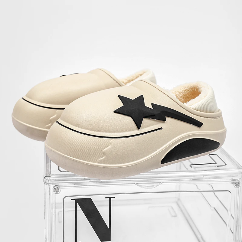 Couple Warm Plush Home Cotton Shoes Waterproof Clogs Star Flip Flops Unisex Soft Fur Slides For Women