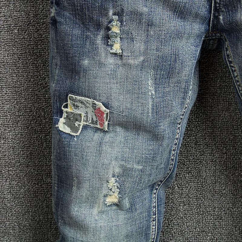 Streetwear Fashion Men Jeans Retro Blue Elastic Slim Fit Ripped Jeans Men Patched Designer Vintage Casual Denim Pants Hombre