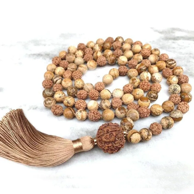 

Сделай Сам 108 молитвенные бусы картина Ja-SPER & RUDRAKSHA ожерелья Relif Energy Mala-Japa медитация Йога кисточка ожерелье