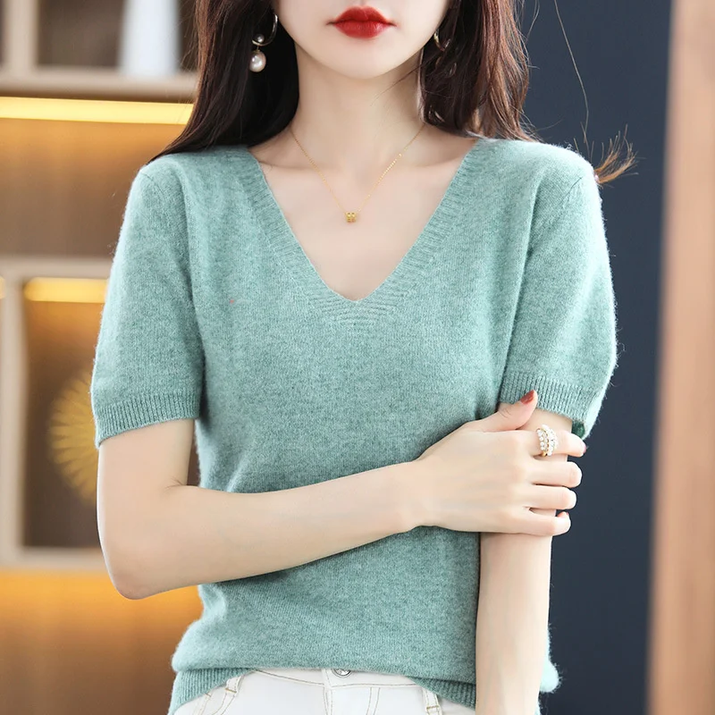 

Spring Summer Women Sweater Knit Tshirts V-neck Short Sleeve Knitwears Korean Fashion Pullovers Solid Bottoming Shirt Jumper