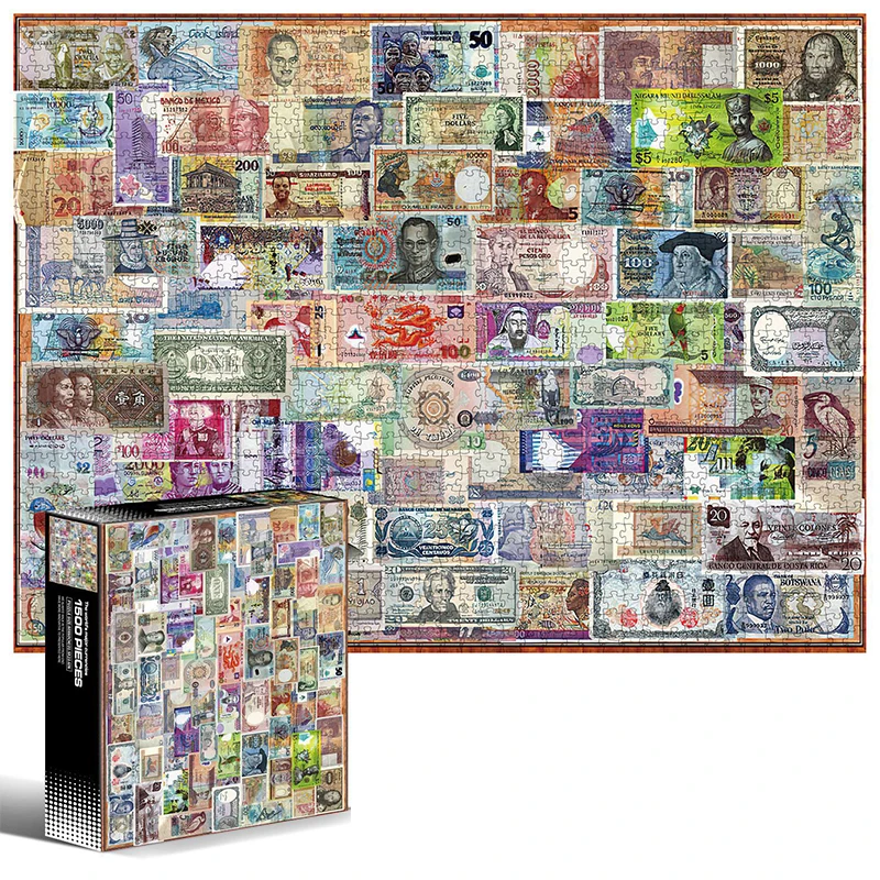 

World Master Money Banknote Puzzle 1500 Piece For Adult Paper Jigsaw Challenge Game Fidget Toy 60x80cm Gift Box Design Surprise