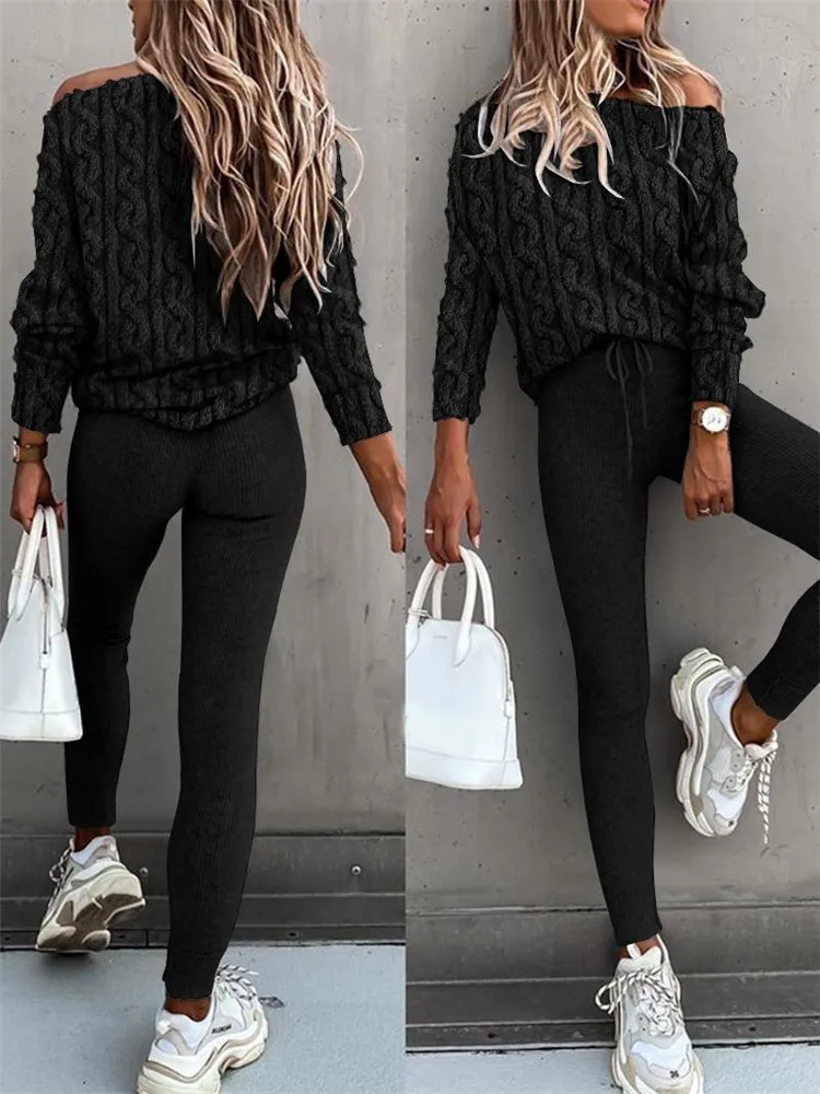 

2022 New Two Piece Sets Womens Braid Textured Fluffy Long Sleeve Top & Pants Set Outifits Fashion Tracksuits Casual Elegant Fema