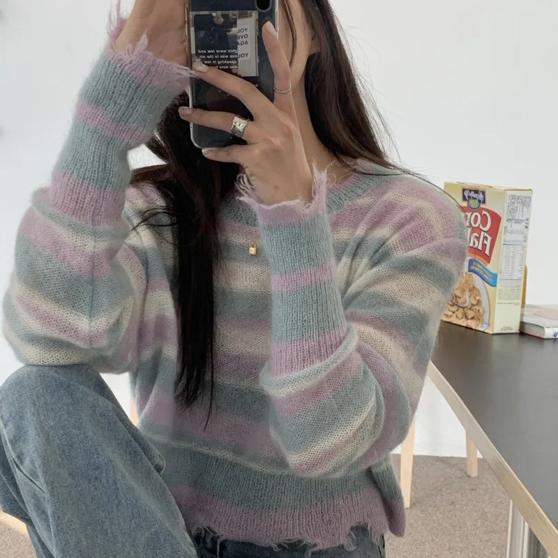 

Sexy Crop Sweater Pink Purple Striped Hole Cropped Pullover Sweaters Y2k 2021 New Women Fashion Batwing Sleeve Knitwear Clothing